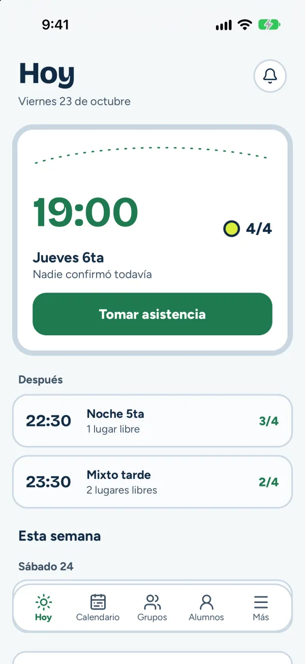 Pantalla Hoy de globo para profes, con la próxima clase y el botón Tomar asistencia